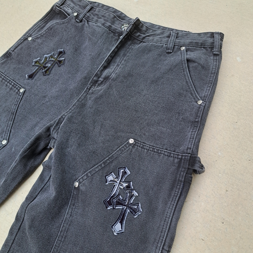 Chrome Hearts Carpenter Dark Gray Jeans with Patent Leather Cross Accents - Picture 3 of 6